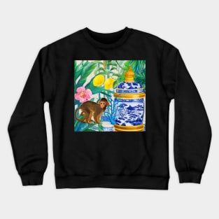 Monkey and chinoiserie jar in tropical ga4den Crewneck Sweatshirt